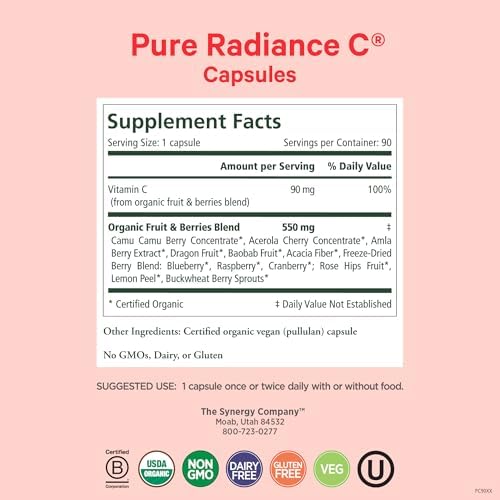 PURE SYNERGY Pure Radiance C | Cápsulas Orgánicas de Vitamina C | Suplemento Natural, No Transgénico con Camu Camu | Apoyo Inmunológico y de Colágeno - imagen 2