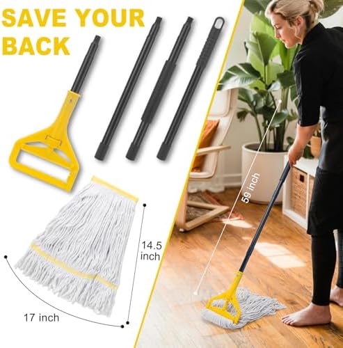 Mopa Comercial con 3 Cabezas de Repuesto Extra Grandes, Mango de 59 para Limpieza de Pisos, Mopa de Algodón Húmedo para Casa, Cocina, Oficina, - imagen 3