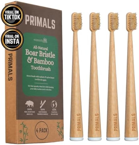 Cepillo de Dientes PRIMALS de Cerda de Jabalí y Bambú (Paquete de 4) - Cerda Premium - 100% Biodegradable - Sin Plástico ni Nylon - Diseño de Secado - imagen 1