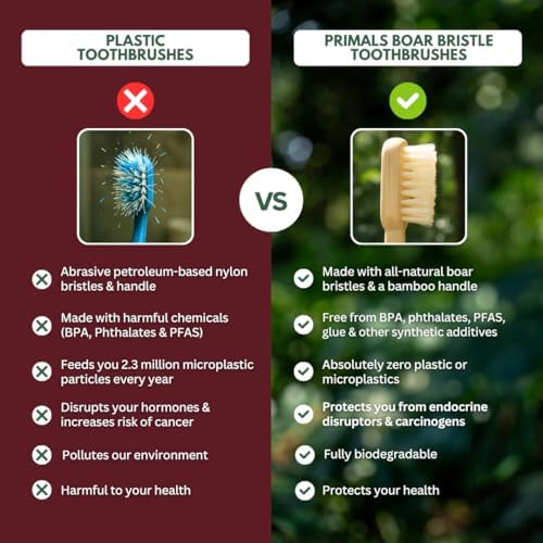 Cepillo de Dientes PRIMALS de Cerda de Jabalí y Bambú (Paquete de 4) - Cerda Premium - 100% Biodegradable - Sin Plástico ni Nylon - Diseño de Secado - imagen 5