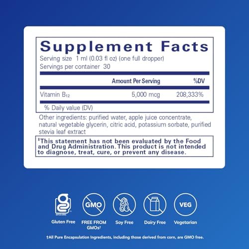 Pure Encapsulations B12 5,000 Líquido - Suplemento de Methylcobalamina para Energía, Salud Nerviosa, Función Cognitiva y Células Sanguíneas - 1 Fl Oz - imagen 2