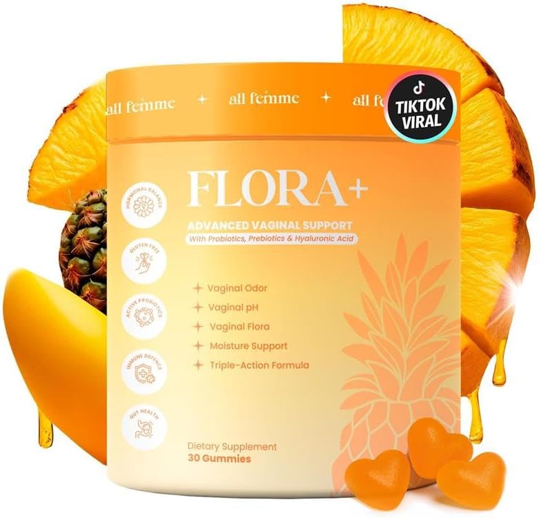 Gomitas probióticas Flora+ para mujeres ALLFEMME, equilibrio de pH, frescura y soporte de olor, con prebióticos y ácido hialurónico, sabor piña, - imagen 1