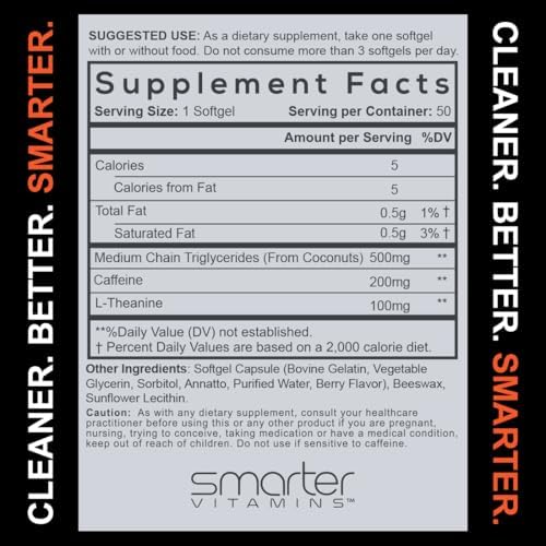 Píldoras de Cafeína SmarterVitamins 200mg - Aceite MCT de 100% Coco + 100mg L-Theanina, Energía y Concentración, Cápsulas de Liberación Prolongada, - imagen 6