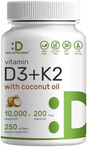 Suplemento DEAL Vitamina D3 10,000 IU + K2 MK7 200mcg en Softgels, 250 Contenido | Complejo 2 en 1 con Aceite de Coco Virgen | Fácil de Tragar - imagen 1