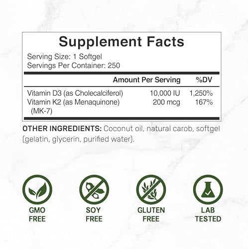 Suplemento DEAL Vitamina D3 10,000 IU + K2 MK7 200mcg en Softgels, 250 Contenido | Complejo 2 en 1 con Aceite de Coco Virgen | Fácil de Tragar - imagen 2