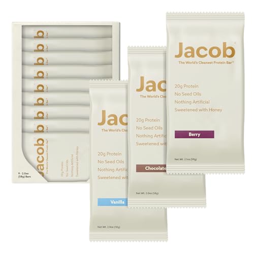 Barritas de Proteína Jacob Bar, Paquete Variado (9 Barritas) - 3 de Cada Sabor: Chocolate, Vainilla, Frutos Rojos - 20g de Proteína de Pastoreo, Sin - imagen 1