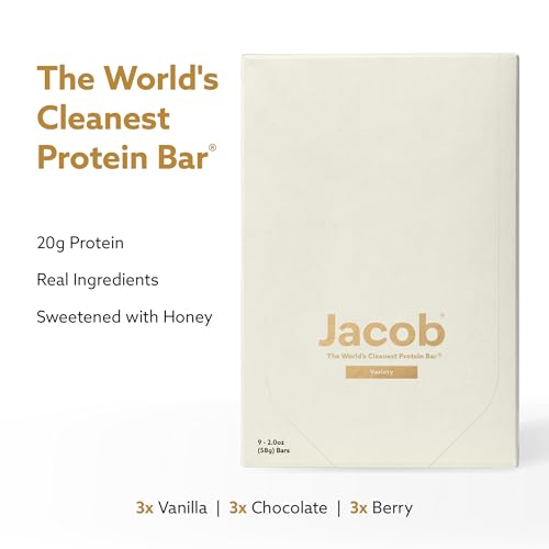 Barritas de Proteína Jacob Bar, Paquete Variado (9 Barritas) - 3 de Cada Sabor: Chocolate, Vainilla, Frutos Rojos - 20g de Proteína de Pastoreo, Sin - imagen 2