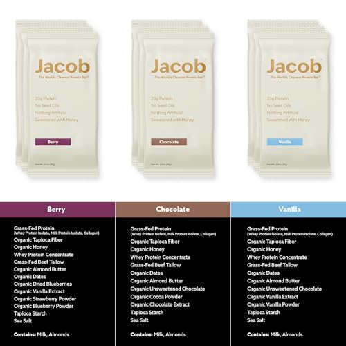 Barritas de Proteína Jacob Bar, Paquete Variado (9 Barritas) - 3 de Cada Sabor: Chocolate, Vainilla, Frutos Rojos - 20g de Proteína de Pastoreo, Sin - imagen 3