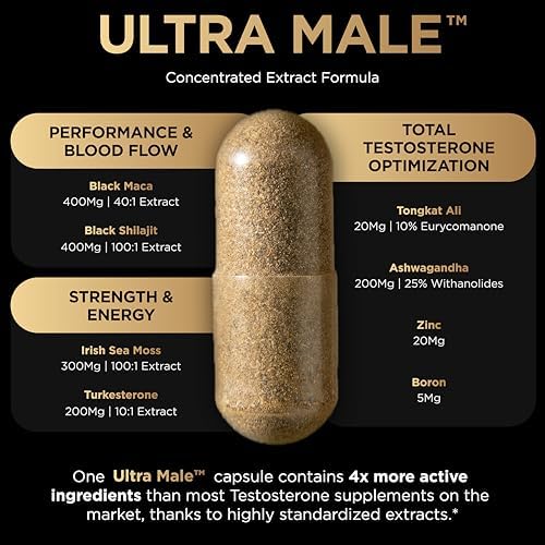 ULTRA MALE® Suplemento Premium para Aumentar Testosterona en Hombres con Shilajit 100:1, Maca Negra 40:1, Ashwagandha 25% y Tongkat Ali 10% - imagen 5
