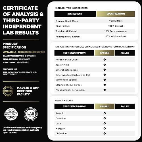 ULTRA MALE® Suplemento Premium para Aumentar Testosterona en Hombres con Shilajit 100:1, Maca Negra 40:1, Ashwagandha 25% y Tongkat Ali 10% - imagen 7