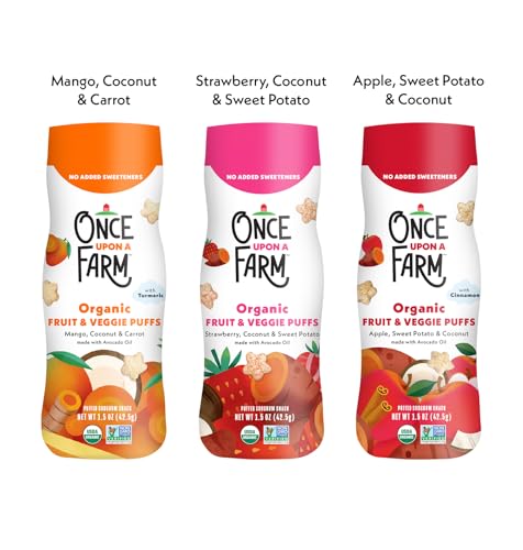 Once Upon a Farm Muestra de Snacks Orgánicos para Bebés y Niños, Puffs, Melts de Coco, Ruedas de Tractor, Hechos con Frutas y Verduras Reales, Sin - imagen 4