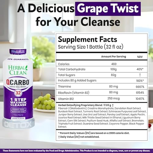 Herbal Clean Qcarbo32 Bebida Detox de Limpieza Total (32 oz) - Sabor Uva, Ideal para Niveles Moderados de Toxinas, con Vitamina B2 y B12 para Hombres - imagen 4