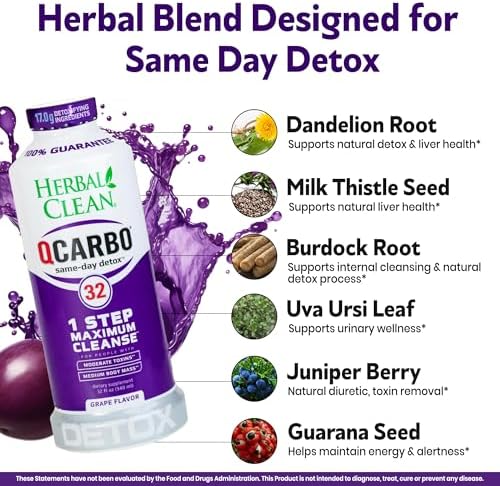 Herbal Clean Qcarbo32 Bebida Detox de Limpieza Total (32 oz) - Sabor Uva, Ideal para Niveles Moderados de Toxinas, con Vitamina B2 y B12 para Hombres - imagen 5