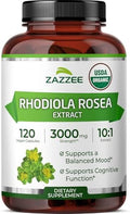 Zazzee Extracto de Rhodiola Orgánico USDA 10:1, 120 Cápsulas, Suministro de 4 Meses, Apoyo Energético, Estrés y Concentración, 10X Concentrado, - imagen 1