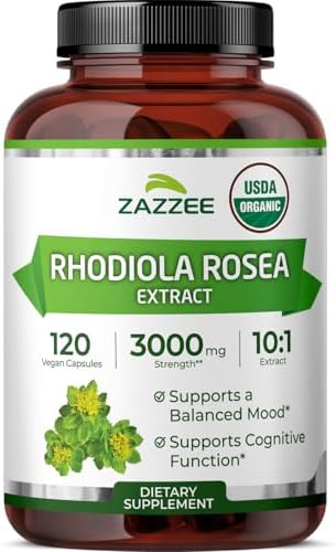Zazzee Extracto de Rhodiola Orgánico USDA 10:1, 120 Cápsulas, Suministro de 4 Meses, Apoyo Energético, Estrés y Concentración, 10X Concentrado, - imagen 1