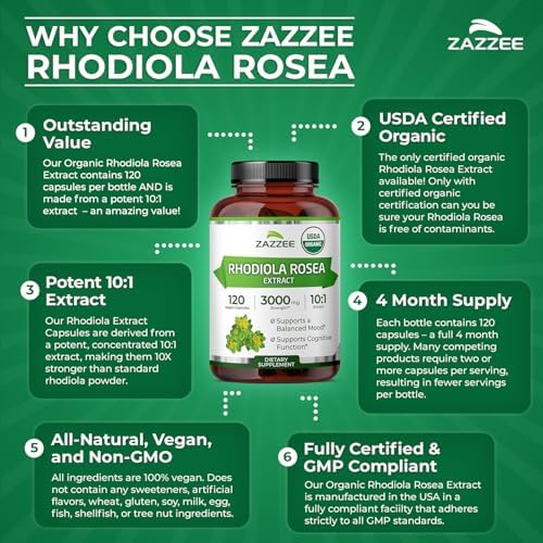 Zazzee Extracto de Rhodiola Orgánico USDA 10:1, 120 Cápsulas, Suministro de 4 Meses, Apoyo Energético, Estrés y Concentración, 10X Concentrado, - imagen 7