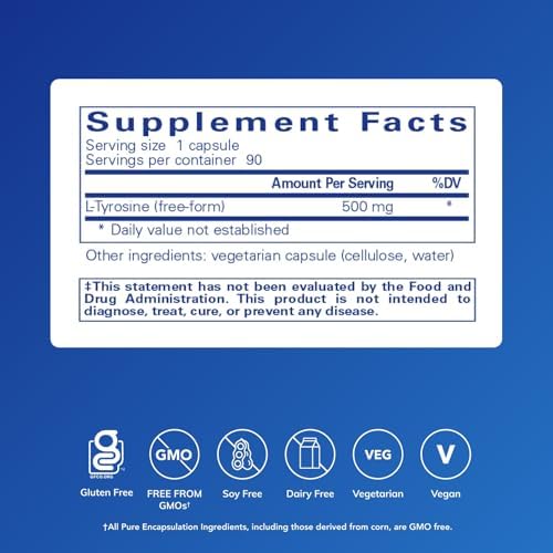 Suplemento de L-Tirosina Pure Encapsulations - Apoyo Cerebral, Dopamina y Función Tiroidea - Vegano y No Transgénico - 90 Cápsulas - imagen 2