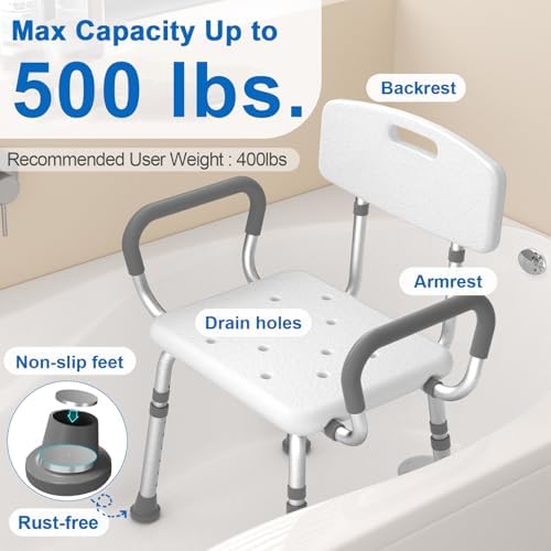 Silla de Ducha HOMLAND con Respaldo y Brazos, Asiento de Baño Ajustable para Personas Mayores y Discapacitados, Soporta 500 lbs, Color Blanco - imagen 2