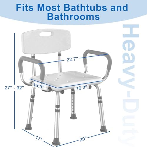 Silla de Ducha HOMLAND con Respaldo y Brazos, Asiento de Baño Ajustable para Personas Mayores y Discapacitados, Soporta 500 lbs, Color Blanco - imagen 3
