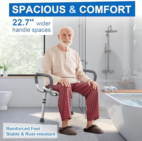 Silla de Ducha HOMLAND con Respaldo y Brazos, Asiento de Baño Ajustable para Personas Mayores y Discapacitados, Soporta 500 lbs, Color Blanco - imagen 8