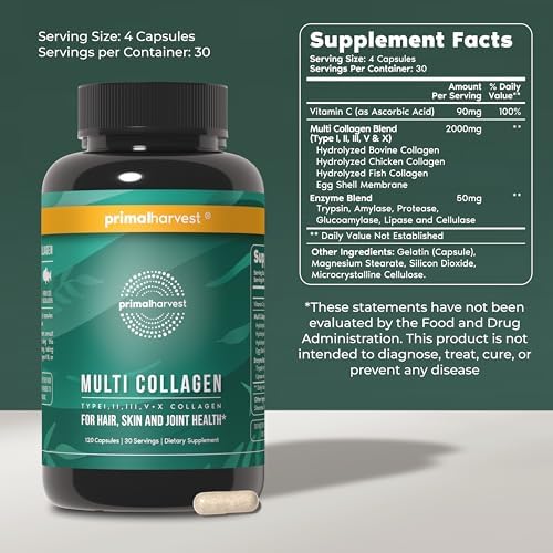 Píldoras de Colágeno Múltiple Primal Harvest para Mujeres y Hombres (Tipo I, II, III, V, X) 120 Cápsulas con Vitamina C para Cabello, Piel y Uñas - imagen 2