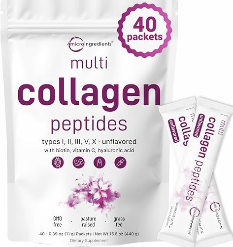 Micro Ingredients Polvo de Péptidos de Colágeno Múltiple, 40 Paquetes | Tipo I, II, III, V, X + Biotina, Vitamina C y Ácido Hialurónico | Sin Sabor | - imagen 1
