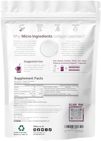 Micro Ingredients Polvo de Péptidos de Colágeno Múltiple, 40 Paquetes | Tipo I, II, III, V, X + Biotina, Vitamina C y Ácido Hialurónico | Sin Sabor | - imagen 2