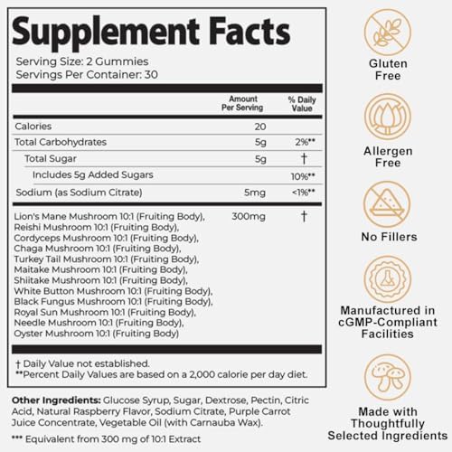 Gomitas Diarias Super Hongo Auri Nutrition – Gummy Funcional Todo en Uno con Mezcla de 12 Hongos, Incluyendo Melena de León, Reishi, Chaga y - imagen 3
