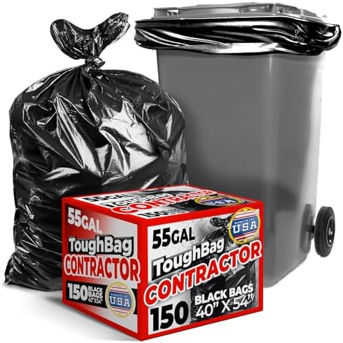 Bolsas de Basura Resistentes ToughBag de 55-60 Galones - Paquete de 150, Grandes Bolsas Negras - Hechas en EE. UU. - imagen 1
