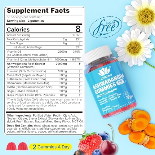 Gomitas de Ashwagandha 2000mg para Mujeres y Hombres - Sin Azúcar, Veganas - Suplemento Orgánico de Raíz de Ashwagandha con Vitamina D3, B12 y - imagen 2