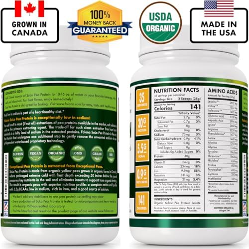 Proteína de Guisante Orgánica SOLO, Aislado, Bajo en Sodio, Guisantes Cultivados en Canadá, 100% Vegana, No Transgénica, Polvo de Proteína Vegetal - imagen 2