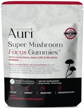 Gomitas de Enfoque Super Hongo Auri Nutrition con Melena de León, Alpha GPC y Rhodiola – Suplemento para la Función Cognitiva, 60 Gomitas, Veganas y - imagen 1