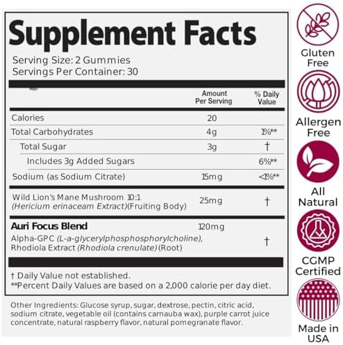 Gomitas de Enfoque Super Hongo Auri Nutrition con Melena de León, Alpha GPC y Rhodiola – Suplemento para la Función Cognitiva, 60 Gomitas, Veganas y - imagen 5
