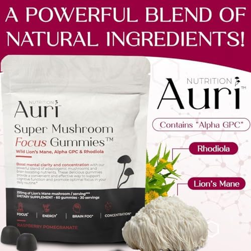 Gomitas de Enfoque Super Hongo Auri Nutrition con Melena de León, Alpha GPC y Rhodiola – Suplemento para la Función Cognitiva, 60 Gomitas, Veganas y - imagen 6