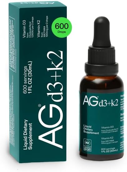 Gotas de Vitamina D3 K2 AG1, 1000UI de Vitamina D3 y 100mcg de K2 por Porción, Apoya la Densidad Ósea y Absorción de Calcio (Athletic Greens) - imagen 1
