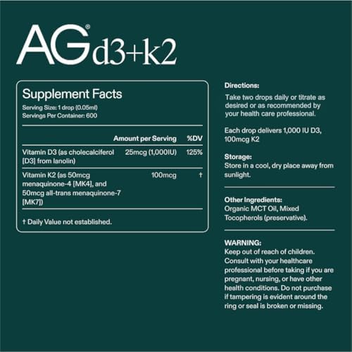 Gotas de Vitamina D3 K2 AG1, 1000UI de Vitamina D3 y 100mcg de K2 por Porción, Apoya la Densidad Ósea y Absorción de Calcio (Athletic Greens) - imagen 3