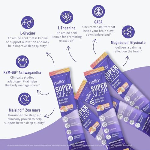Nello Supersleep, Mezcla de Bebida para Soporte Nocturno, Ashwagandha, Maizinol, L-Glicina, Magnesio Glicinato, Sabor Durazno (Paquete de 20) - imagen 4