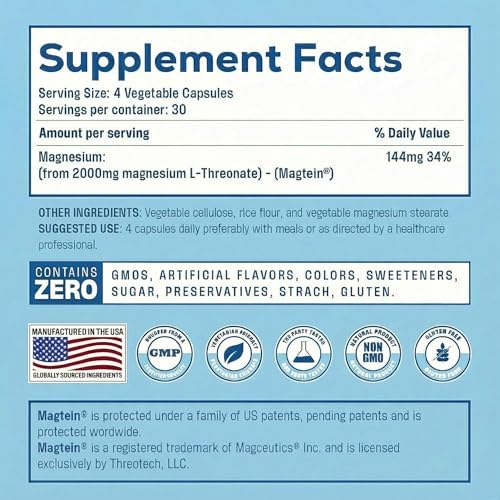 Magnesio L-Treonato Magtein, Suplemento para la Memoria, Enfoque y Sueño, Alta Absorción, 2,000 mg, 120 Cápsulas Veganas, Sin Efecto Laxante - imagen 4