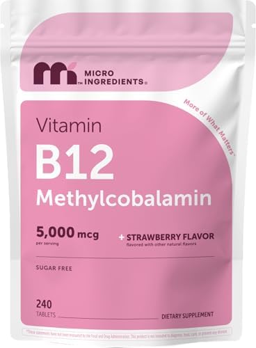 Vitaminas B12 Micro Ingredients 5,000 mcg | Methylcobalamina – 240 Tabletas Masticables | Sabor Natural a Fresa, Vegano, Sin OGM, Sin Gluten - imagen 1