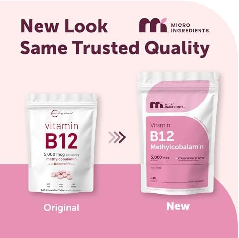 Vitaminas B12 Micro Ingredients 5,000 mcg | Methylcobalamina – 240 Tabletas Masticables | Sabor Natural a Fresa, Vegano, Sin OGM, Sin Gluten - imagen 2