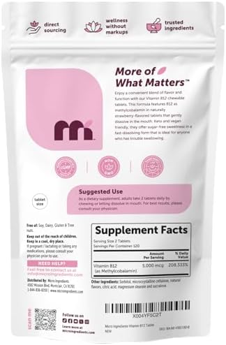 Vitaminas B12 Micro Ingredients 5,000 mcg | Methylcobalamina – 240 Tabletas Masticables | Sabor Natural a Fresa, Vegano, Sin OGM, Sin Gluten - imagen 7