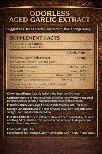 Prestige Supply Extracto de Ajo Aged 2026, Suplementos de Ajo Sin Olor con Magnesio, Cromo, B1 y B9, Apoya la Salud Inmunológica y Función Cardíaca | - imagen 7