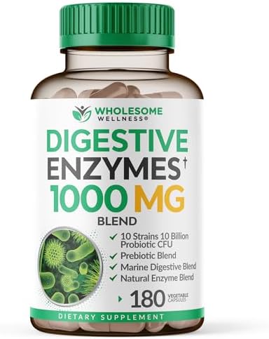 Suplemento de Enzimas Digestivas Wholesome Wellness 1000MG con Prebióticos y Probióticos, 180 Cápsulas, Fórmula Vegana Orgánica para Digestión y - imagen 1