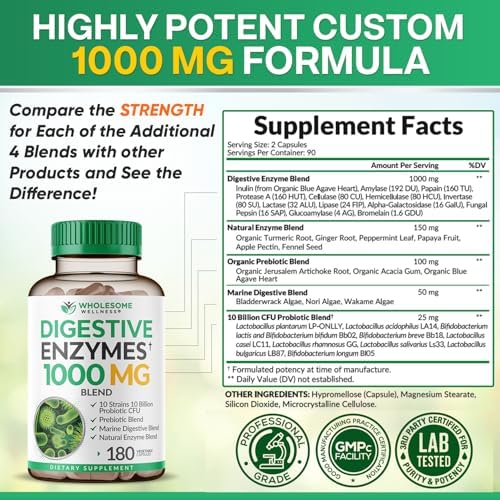 Suplemento de Enzimas Digestivas Wholesome Wellness 1000MG con Prebióticos y Probióticos, 180 Cápsulas, Fórmula Vegana Orgánica para Digestión y - imagen 4