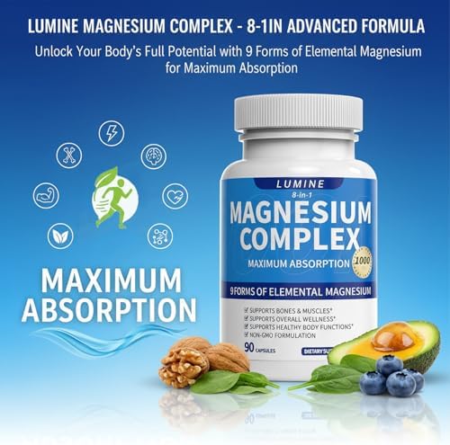 Suplemento de Magnesio Lumine Complejo Avanzado 8 en 1 - 1000mg de Glicinato, Citrato, Malato, Taurato, Quelado, Absorción Fácil, Energía - imagen 3