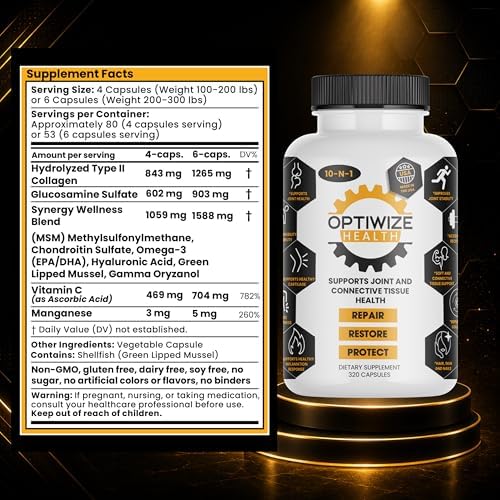 OptiWize Suplemento de Colágeno Hidrolizado 10 en 1 para Articulaciones, MSM, Ácido Hialurónico, Glucosamina, Condroitina y Más - 320 Cápsulas para - imagen 6