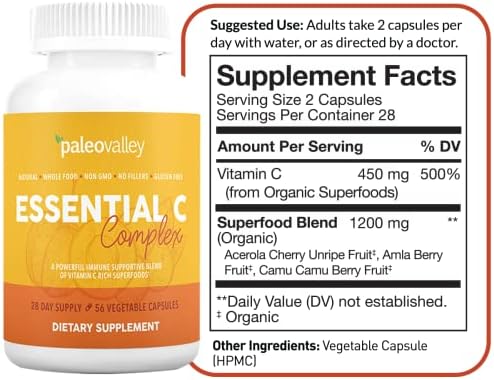 Paleovalley Essential C Complex - Suplemento de Vitamina C para Inmunidad - 1 Paquete, 450mg - Superalimentos Orgánicos: Cereza Acerola, Camu Camu, - imagen 2