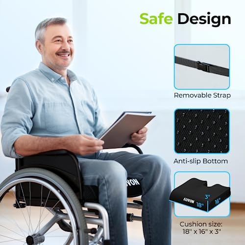 Cojín de Silla de Ruedas AUVON de Gel, Alivia Ciática, Espalda, Coccix, Úlceras y Lesiones por Presión, Cojín Ergonómico con Tela Impermeable y Funda - imagen 7