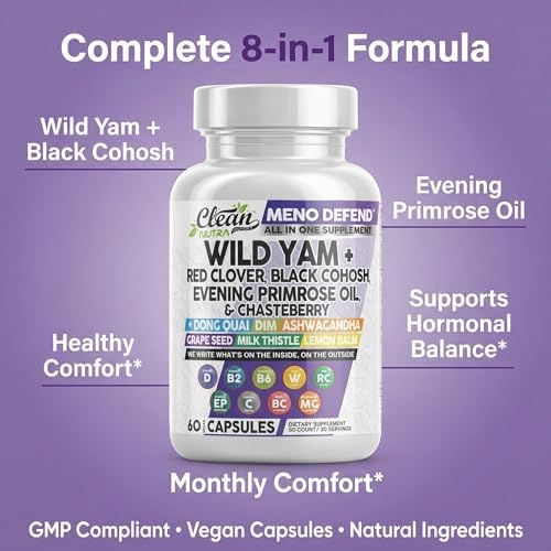 Cápsulas Clean Nutra de Raíz de Ñame Silvestre con Trébol Rojo, Cohosh Negro, Aceite de Onagra y más para el Equilibrio Hormonal de la Mujer - imagen 8