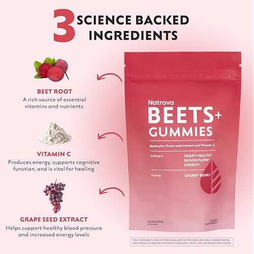 Gomitas Natrava Beets+ - Polvo de Remolacha Premium, Extracto de Semilla de Uva y Vitamina C - Apoya la Presión Arterial y Salud Cardiaca - 50 - imagen 4